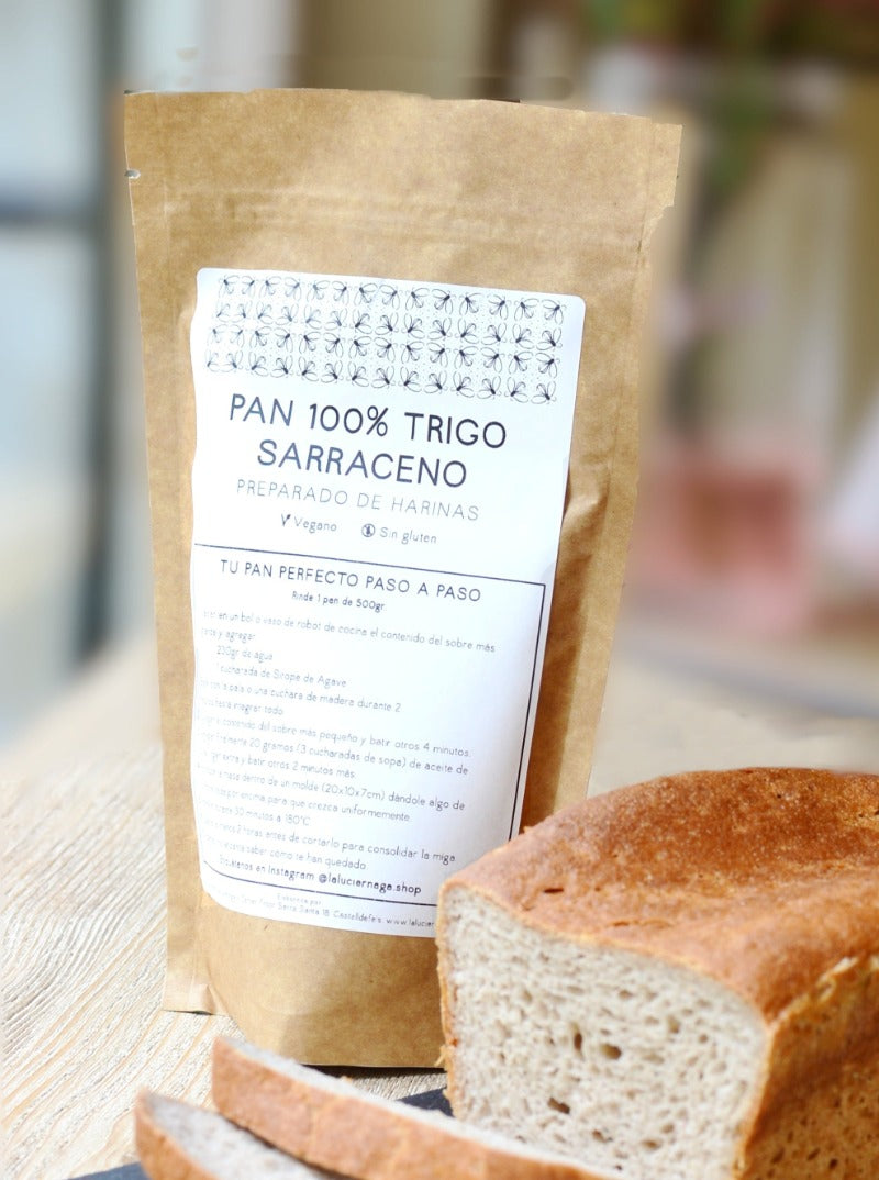 Receta de Pan de Trigo Sarraceno Sin Gluten, sin conservantes y sin lactosa ni proteína de leche para elaborar con un preparado de harinas certificado sin gluten.