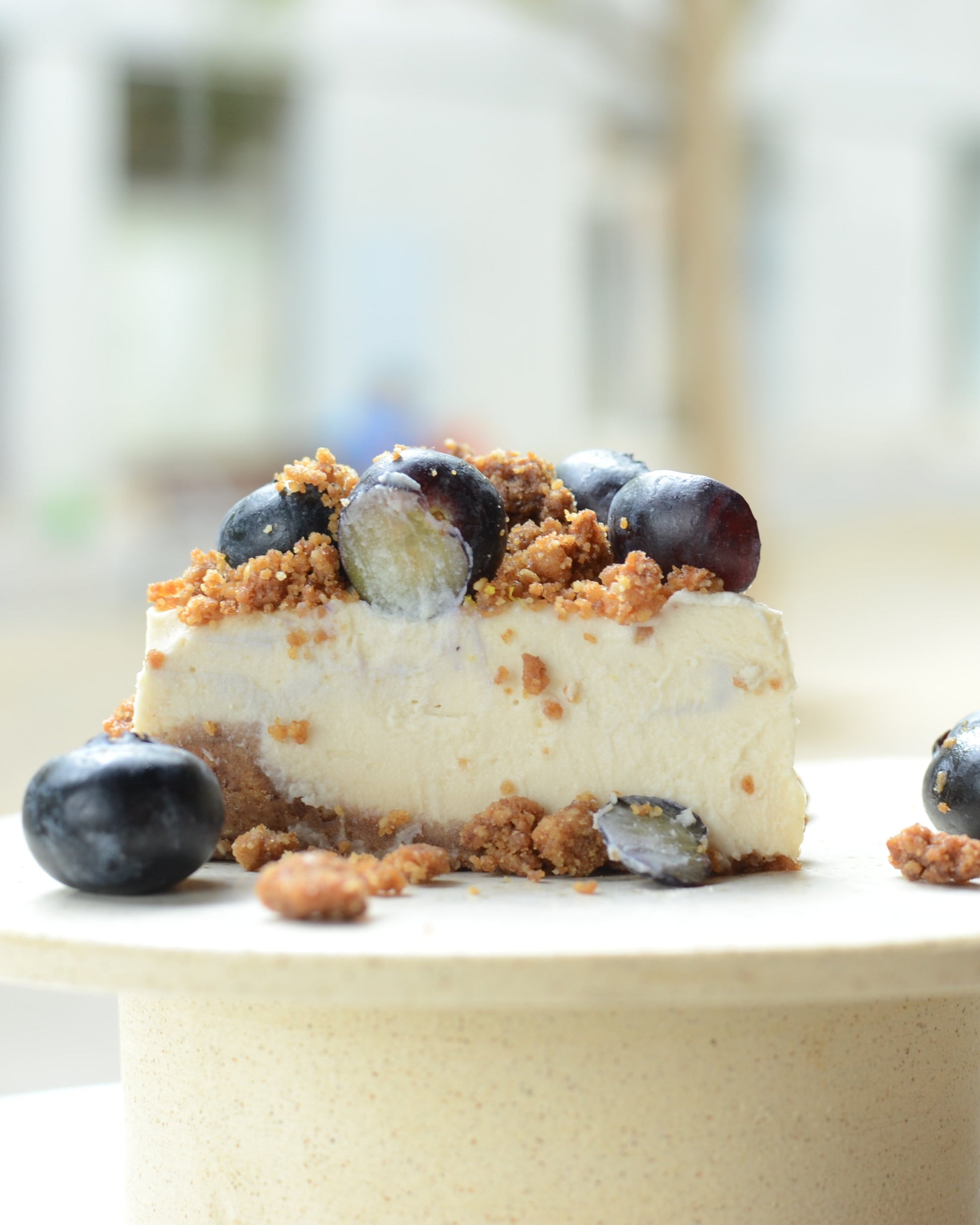 Pastel sin gluten y vegano de coco y arándanos.