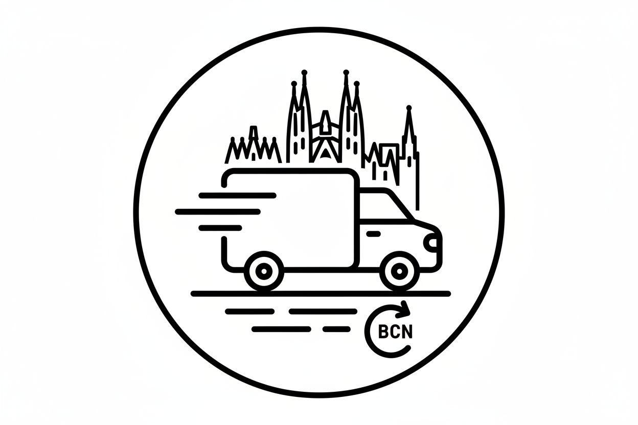 Un icono estilo pictograma de trazo simple en blanco y negro de envío a domicilio en la proximidad a la ciudad de Barcelona en furgoneta 