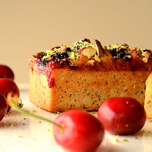 Postre Sin Gluten y Vegano: Cake de Pistacho y Cerezas, 